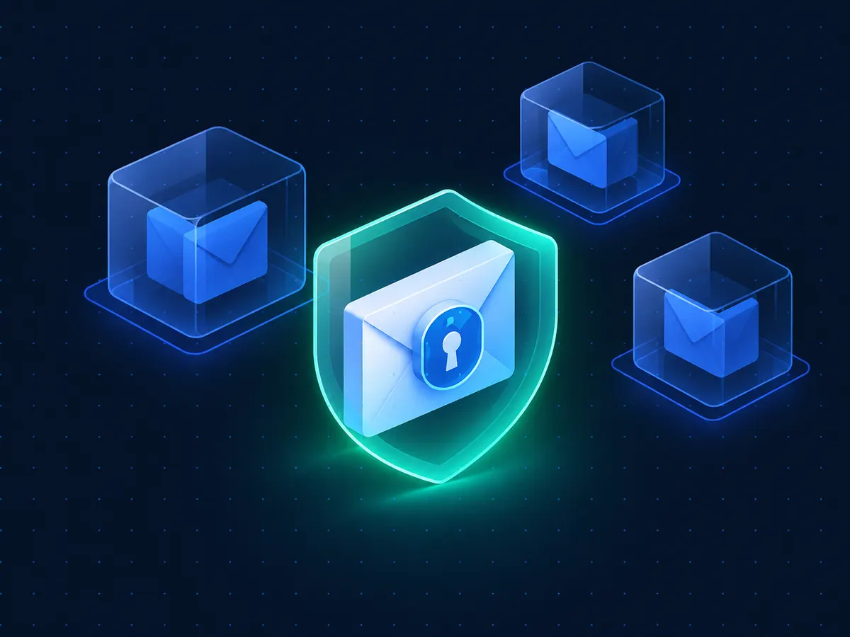 An email envelope protected by a shield, in front of separate isolated inboxes